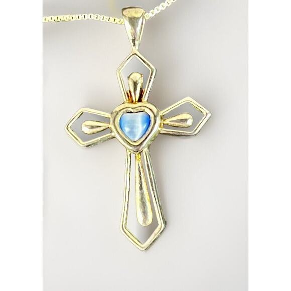 Sterling Silver FACETED STONE CROSS w Center Stone Pendant 925 MO & Necklace VTG - Picture 5 of 14